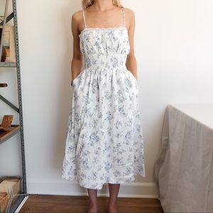 LPA Linen Floral White and Blue Midi Dress XS
